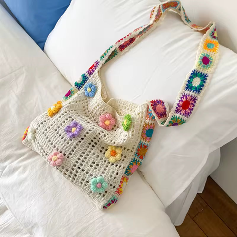 Handwoven Crochet Floral Hobo Bag