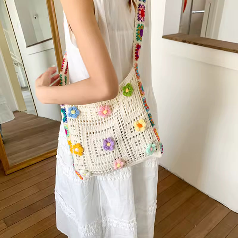 Handwoven Crochet Floral Hobo Bag