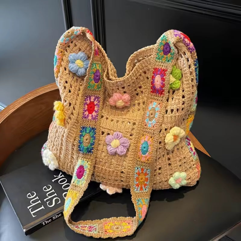Handwoven Crochet Floral Hobo Bag