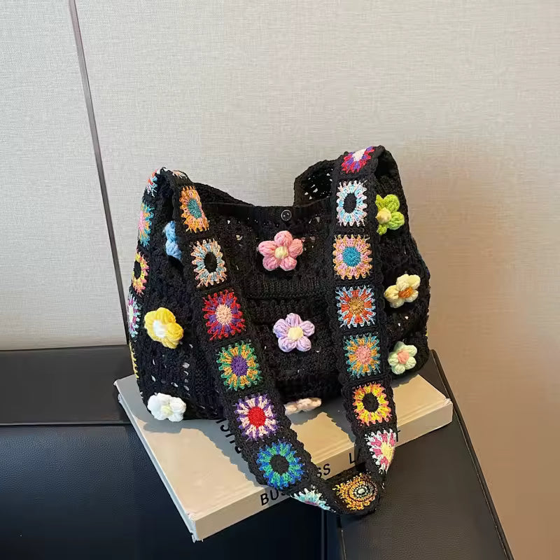 Handwoven Crochet Floral Hobo Bag