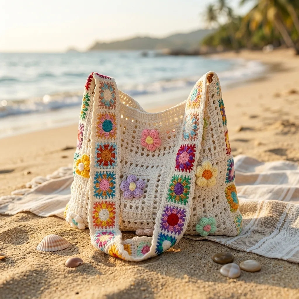 Handwoven Crochet Floral Hobo Bag