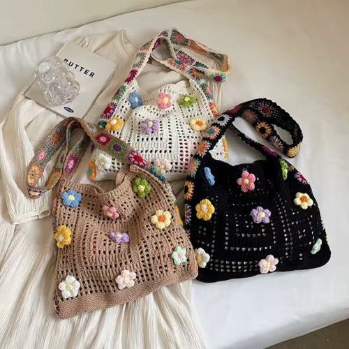 Handwoven Crochet Floral Hobo Bag