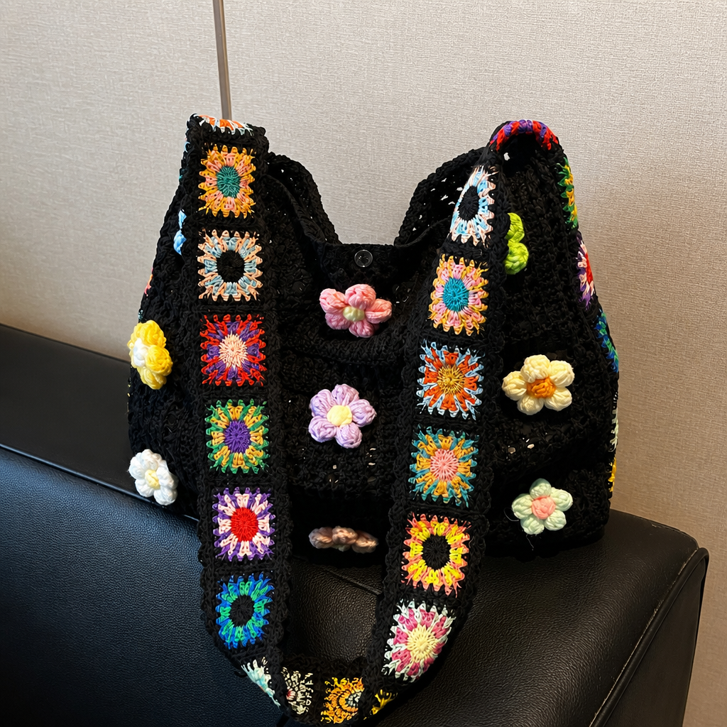 Handwoven Crochet Floral Hobo Bag