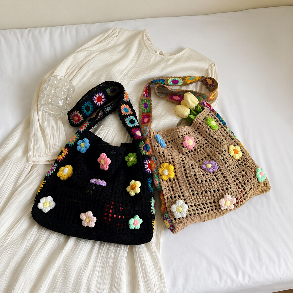 Handwoven Crochet Floral Hobo Bag