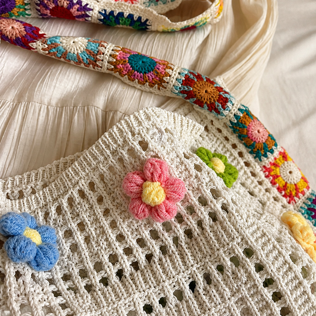 Handwoven Crochet Floral Hobo Bag
