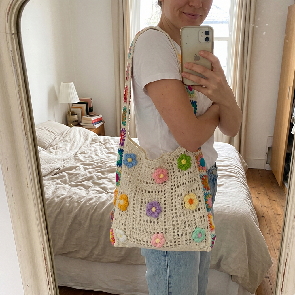 Handwoven Crochet Floral Hobo Bag