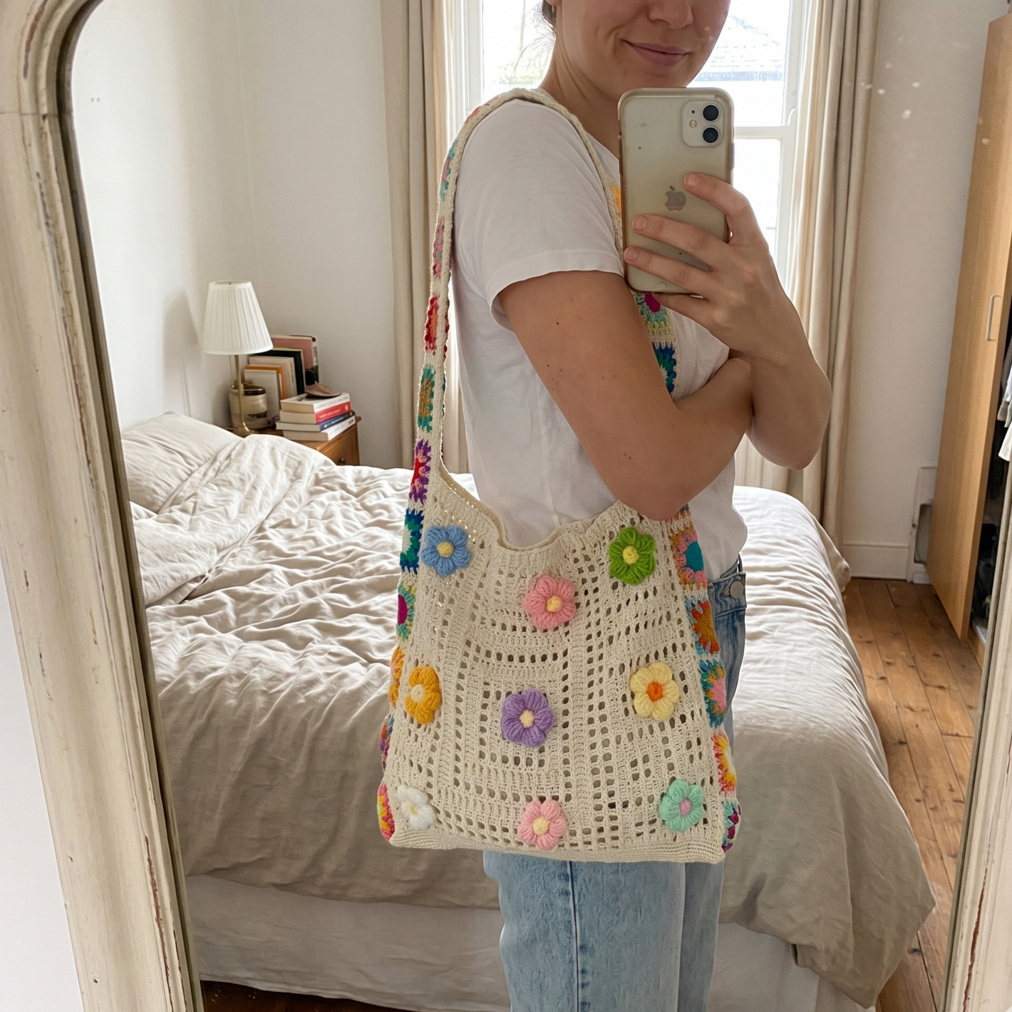 Handwoven Crochet Floral Hobo Bag